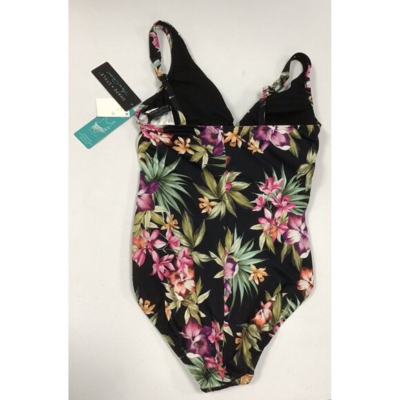 Aqua Green Women's UPF 50 V-Neck Ruched Shaping Swimsuit Black Floral Size 12 💚 - Picture 3 of 5